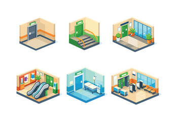 Isometric Exit Signs Grid. Installation locations. Isometric flat vector icons set of Installation locations: corridor exit sign, stairwell exit sign, office