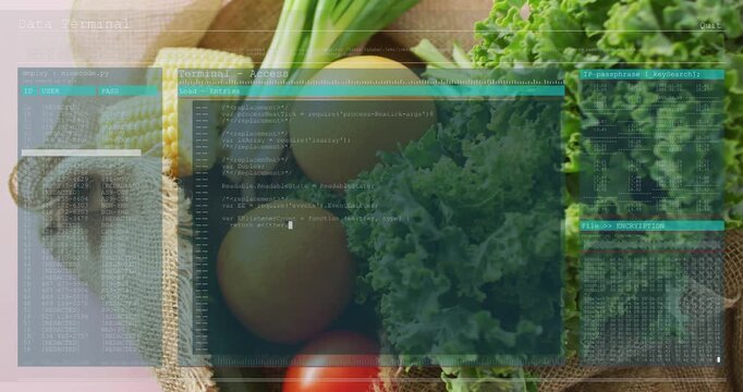 Terminal GUI overlay fading in over burlap basket produce, triggered by cursor blink, showing code