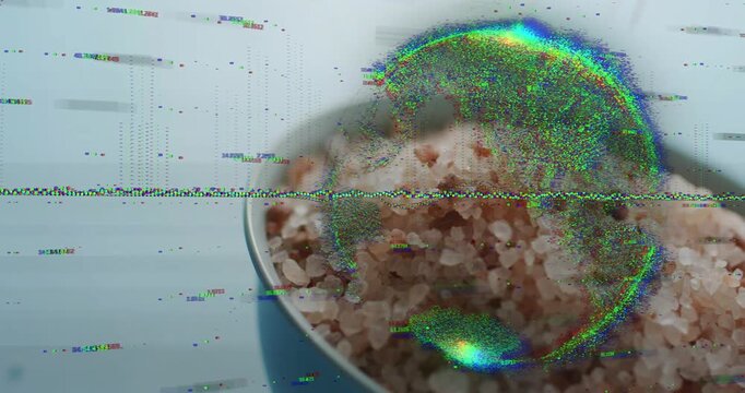 Horizontal scan line starting, digital noise sweeping over pink salt bowl muting grain texture