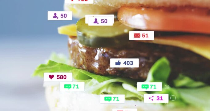 On notification surge, burger receiving badges, cursor moving, counters rising, showing engagement