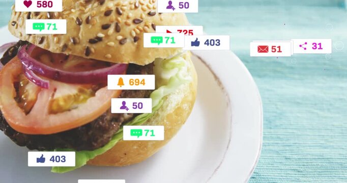 Left-edge crop shifting, camera revealing burger while badges counting up to drive engagement