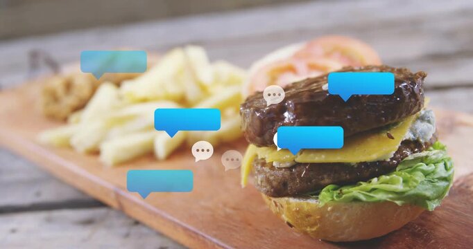 Blue chat bubbles entering left, clustering near burger while sauce pouring to show buzz
