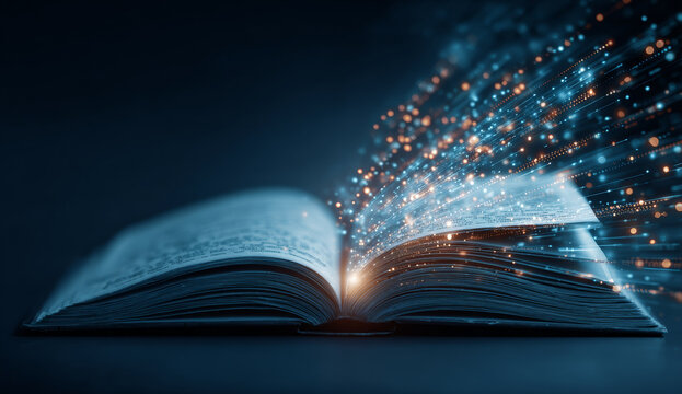 Open book with glowing pages and dynamic digital data flow illustrating technology, information transfer, and knowledge sharing