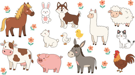 Obraz premium Cute farm animal collection with horse cow pig donkey sheep chicken duck llama rabbit and cat cartoon vector illustration set