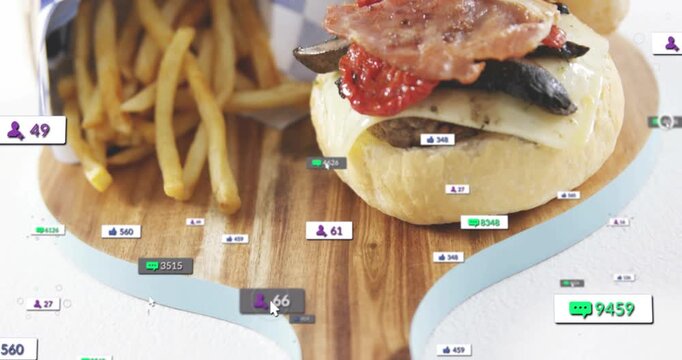 Notification badges appearing at board handle, burger and fries moving, showing social buzz