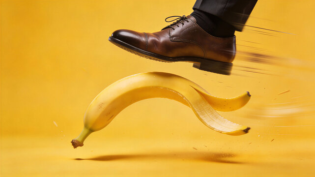 Man in suit slipping on banana peel. Classic prank hazard for April Fools Day. Humorous accident illustration depicting comedic fall risk in everyday life