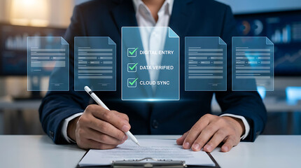 Fototapeta premium Businessman verifying documents with digital data overlay for cloud sync