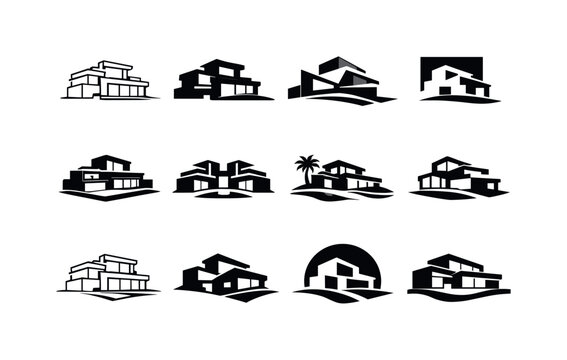 Luxury home design and features. Icon set. Set Logo of Luxury home design and features: modern luxury villa silhouette. harmonious logo