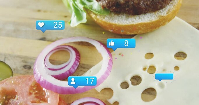 Blue bubble appearing by bun, bubbles floating, camera panning to highlight onion and tomato counts