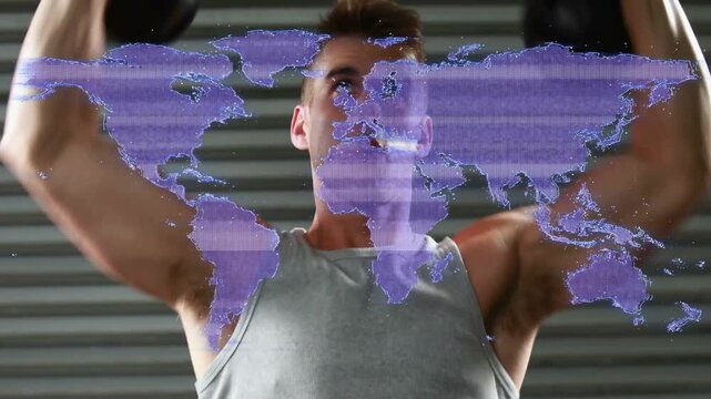 Man starting arms-high pressing KBs up in garage for fitness, purple map masking torso, KBs seen