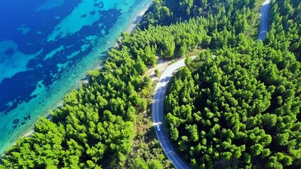 Obraz premium Aerial View of Serpentine Road Alongside Vibrant Lush Forest and Tranquil Blue Water in Greece