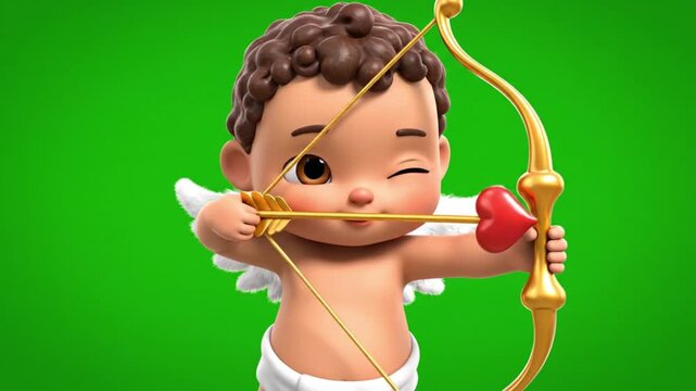 Cute cherub aiming golden bow and arrow with heart shaped tip