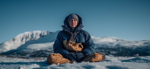 Adventurer man sitting on snow contemplating cold mountain landscape. Man in winter gear sitting on snow looking at snowy mountains under clear sky