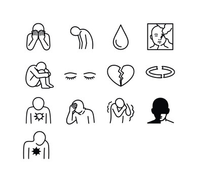 Shame and remorse. Line icon set of shame and remorse: covered face, bent head figure, tear falling, cracked mirror reflection, shrinking