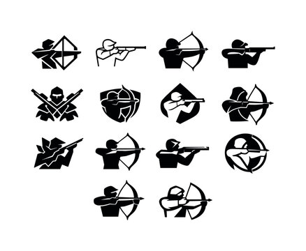 Ruthless hunters. Icon set. Set Logo of ruthless hunters: hunter with bow or rifle. harmonious logo variations of the same emblematic