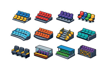 Fototapeta premium Isometric Arena Seating. Empty arena seats. Colorful isometric vector icons set of empty arena seats: vacant stadium rows, empty bleachers, folded seat row,