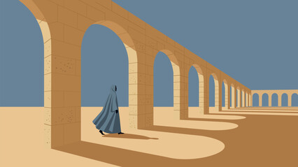 Minimalist landscape vector of a person in a blue robe walking through desert stone arches. Featuring cinematic lighting, long shadows, and a modern flat art style with Arabian architectural themes