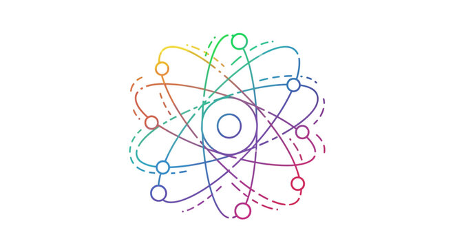 Vibrant rainbow atom model symbolizing scientific discovery and interconnected molecular structure