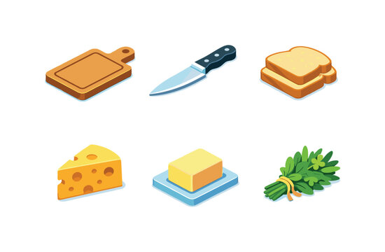 Home Cooking Essentials. Home cooking. Isometric flat vector icons set of home cooking: chopping board, kitchen knife, sliced bread, cheese block, butter