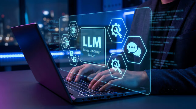 Businessman working with large language model technology on laptop