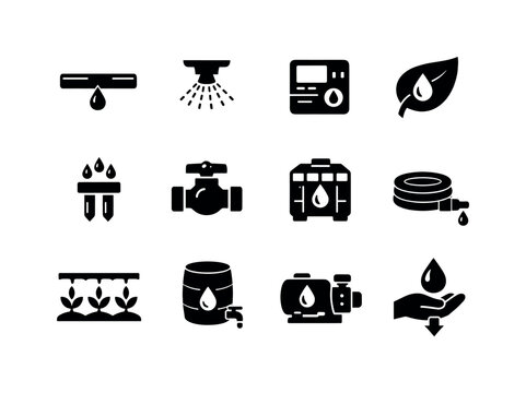 Water-saving Irrigation Icons. Water-efficient irrigation systems. Solid icon set of Water-efficient irrigation systems: drip irrigation tape, mist sprinkler,