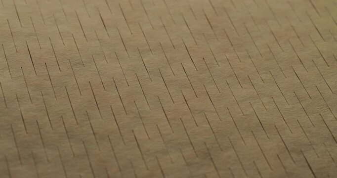 Brown Kraft Cardboard Texture with Diagonal Ridges. Gentle macro panning footage across a warm-toned ridged paper surface, highlighting parallel linear grooves and natural fiber patterns.