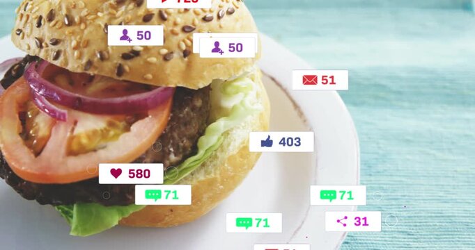 Plate shifting revealing sesame burger, social icons floating, counts rising showing engagement
