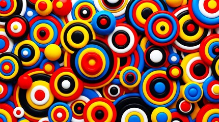 Fototapeta premium Vibrant 3D concentric circles background, colorful plastic rings pattern, abstract geometric target shapes in red blue yellow and black