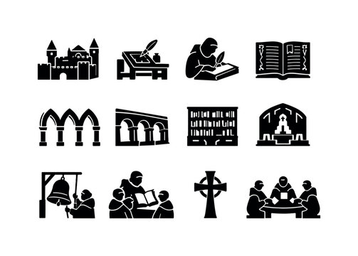 Medieval Monastery Culture. Solid icon set of Medieval Monastery Culture: fortified abbey, scriptorium desk, monk writing, illuminated
