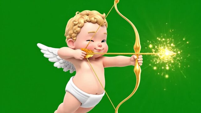 Charming cupid with golden bow and arrow on green background