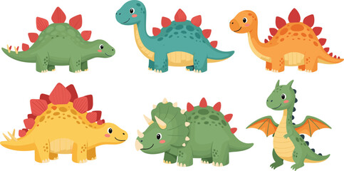 Cute dinosaur character collection with stegosaurus triceratops dragon and friendly prehistoric reptiles isolated on white background cartoon vector illustration set © Mostafijur