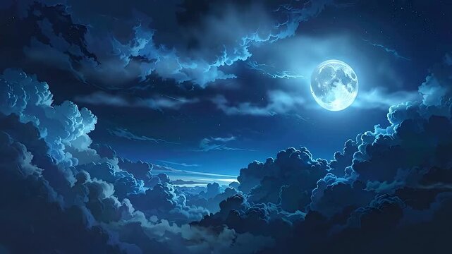 A bright full moon illuminates the night sky, surrounded by f clouds in a serene scene.