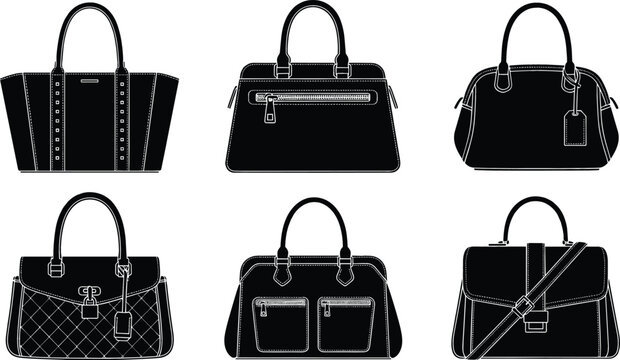 Luxury women's handbag silhouette set featuring tote bags satchels crossbody purses and elegant fashion accessories vector icon collection