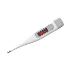 Digital medical thermometer displays 38.5 degrees Celsius for fever indication with red led screen and grey button isolated on transparent background studio shot