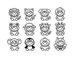 Obraz premium Kids' Animal Costumes Icons. Kids animal costumes. Line icon set of kids animal costumes: baby lion suit, kitten costume, puppy costume, duck costume, frog