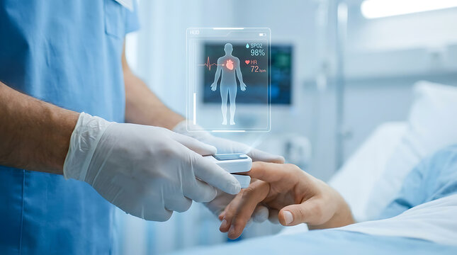 Medical professional checking patient's vital signs with pulse oximeter in modern hospital