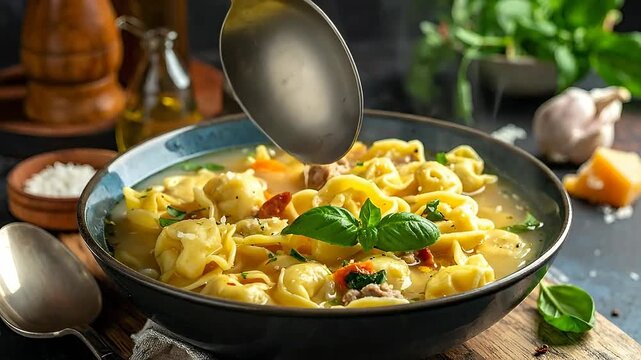 Close up of a spoon lifting tortellini pasta from a bowl of soup with basil garnish, creating a delicious