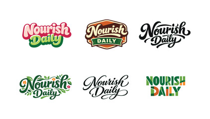 Obraz premium Nourish daily lettering. Set lettering. harmonious lettering variations of the same emblematic concept, each with different