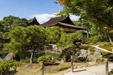 Fototapeta premium Classic Japanese temple with wooden roof stands beside a reflective pond, surrounded by lush pine trees, rocks, and manicured greenery under bright blue sky in Kyoto's Higashiyama district.