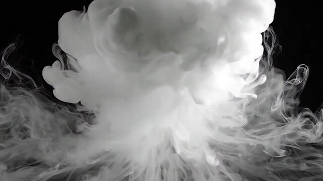 Dense white smoke is rising and swirling against a stark black background, creating a dramatic effect.