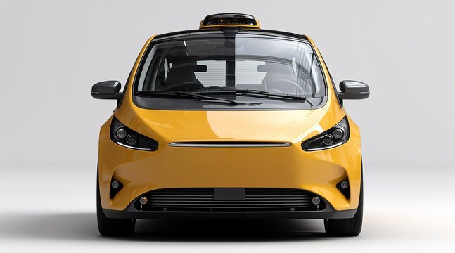 Yellow autonomous electric car with a sensor rooftop. Robotaxi or self driving vehicle for future urban transport and smart city concept.
