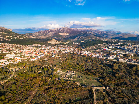 Ancient Roman ruins of the city of Solin in Croatia, Split - 4K aerial view from a drone