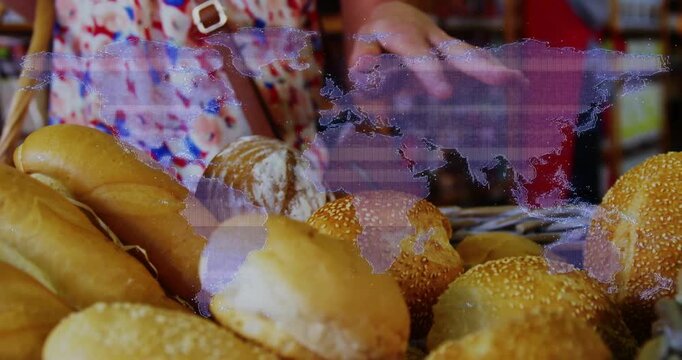 Bread basket closeup shopper hand entering, touching, selecting loaf to buy under purple overlay