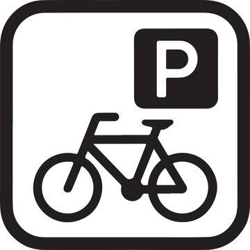 Bicycle parking sign icon in black and white featuring a bike and a capital p symbol isolated on white background, illustration