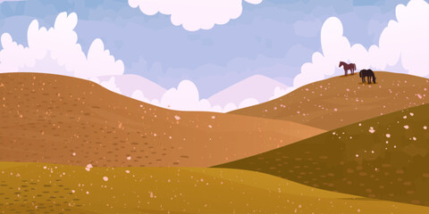 Fototapeta premium Autumn mountain valley or meadow, rolling hills with two horses, vector illustration. Natural fall season landscape background with dried orange grass fields, farm animals, blue sky with white clouds