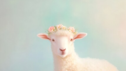 Fototapeta premium Fluffy sheep with floral crown on pastel background for rustic decor and animal art