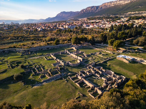 Ancient Roman ruins of the city of Solin in Croatia, Split - 4K aerial view from a drone