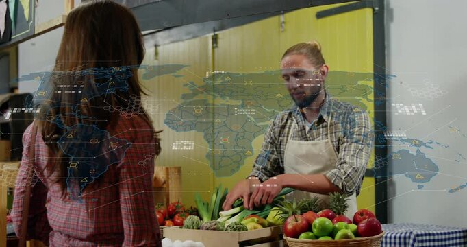 Woman walking to market and talking, vendor picking leeks and handing while map showing markers