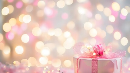 Fototapeta premium Pink gift box with flower and bokeh lights present