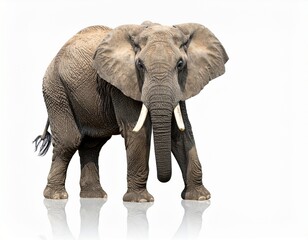 Fototapeta premium A majestic African elephant standing in a studio setting, isolated on a clean white background, showing detailed skin texture and powerful body posture.